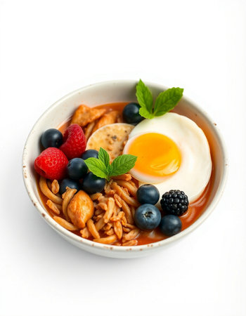 Bowl of noodle soup with egg and fresh berries on white backgroundの写真素材