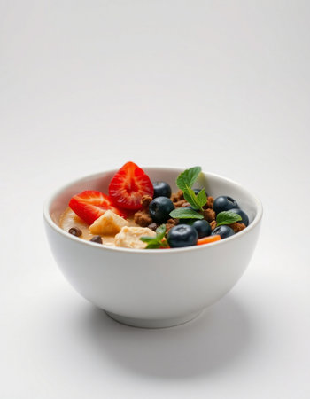 bowl of muesli with strawberries and blueberries on white backgroundの写真素材