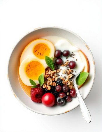 Yogurt with fresh berries and granola isolated on white backgroundの写真素材