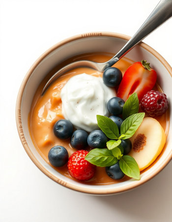 bowl of yogurt with fresh berries on white background, food closeupの写真素材