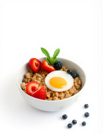 Healthy breakfast with oatmeal, fresh berries and egg on white backgroundの写真素材