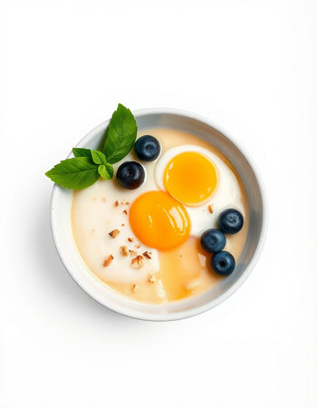 Fried eggs with blueberries in a bowl on a white backgroundの写真素材