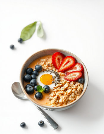 Healthy breakfast bowl with oatmeal, berries and egg on white backgroundの写真素材
