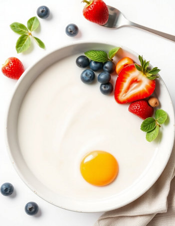 Healthy breakfast with yogurt, berries and egg on a white backgroundの写真素材