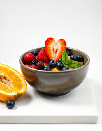 Strawberry, blueberry and orange fruit salad in ceramic bowlの写真素材