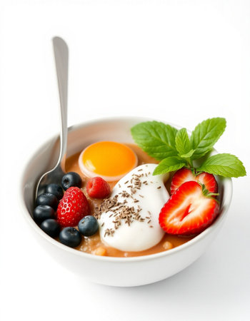 Healthy breakfast with oatmeal, berries and egg on white backgroundの写真素材