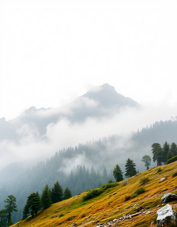 Foggy morning with coniferous forestの写真素材
