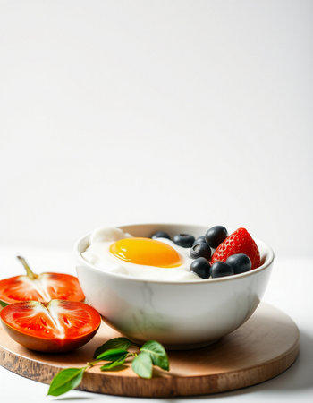 Healthy breakfast with eggs, blueberries and strawberries on white backgroundの写真素材