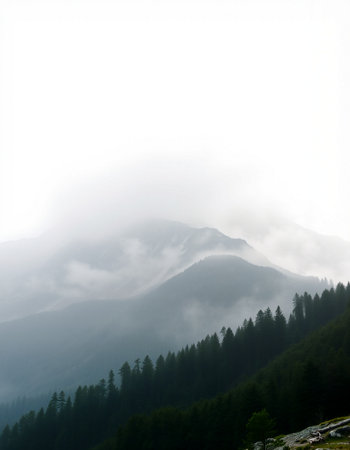 Foggy morning in the mountains of the Caucasus, Russia.の写真素材