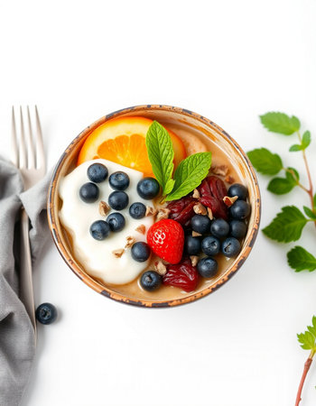 Healthy breakfast bowl with yogurt, berries and fruits on white background, top viewの写真素材