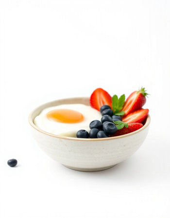 Healthy breakfast with fresh strawberries, blueberries and egg on white backgroundの写真素材
