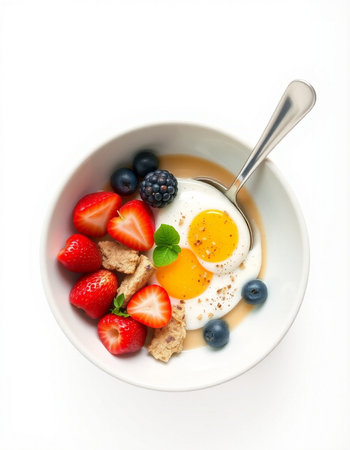Breakfast with omelet, strawberries and blueberries on white backgroundの写真素材