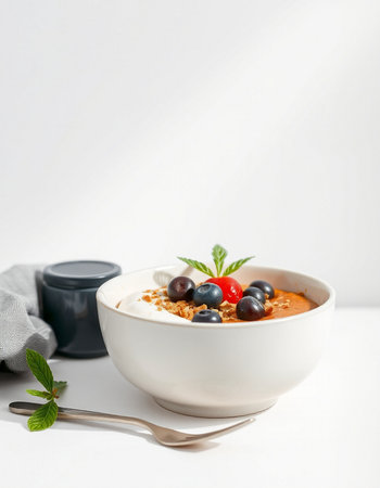 Healthy breakfast. Bowl of yogurt with berries and mint on white backgroundの写真素材