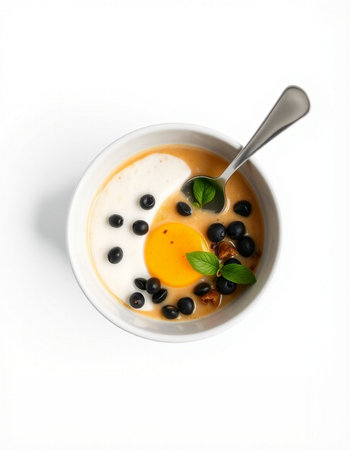 Creamy yogurt with blueberries and egg yolk in a bowlの写真素材