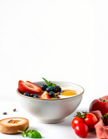 Healthy breakfast. Yogurt with berries and fruits on white backgroundの写真素材