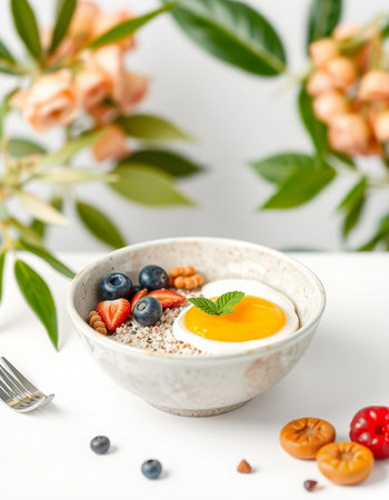 Breakfast with oatmeal, berries and egg on a white backgroundの写真素材