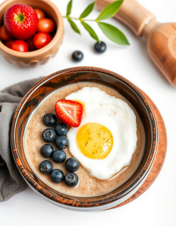 Oatmeal porridge with berries and egg in a bowl on a white backgroundの写真素材