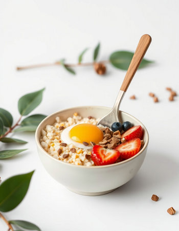 Healthy breakfast with oatmeal, berries and egg on white backgroundの写真素材
