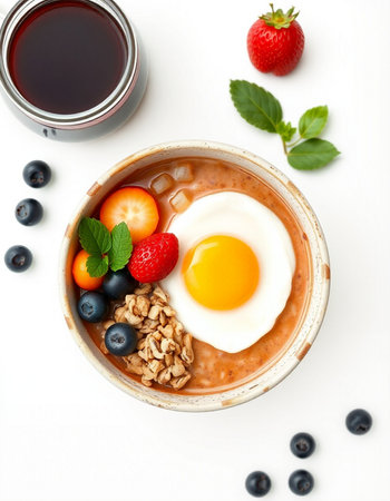Healthy breakfast bowl with oatmeal, berries and fried egg on white backgroundの写真素材