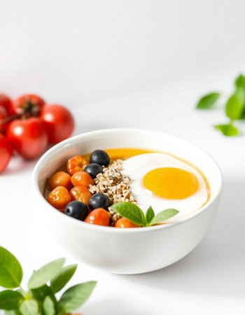 Healthy breakfast with oatmeal, berries and fried egg on white backgroundの写真素材