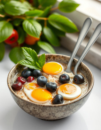 Healthy breakfast with quail eggs and berries in a ceramic bowlの写真素材