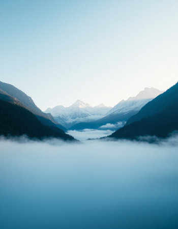 Mountain landscape with misty lake and snowcapped peaks.の写真素材