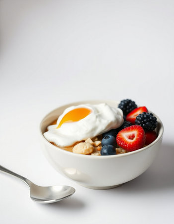 Healthy breakfast with oatmeal, berries and fried egg on white backgroundの写真素材