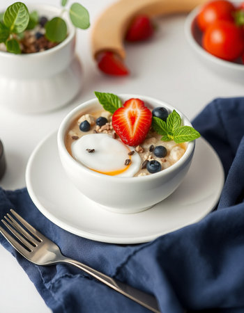 Oatmeal porridge with yogurt, fresh berries in a white bowlの写真素材