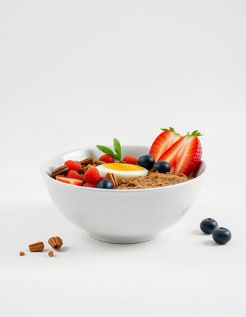 Bowl of oatmeal with strawberries and blueberries on white backgroundの写真素材