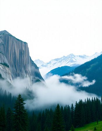 Foggy valley in Yosemite National Park, California, USAの写真素材