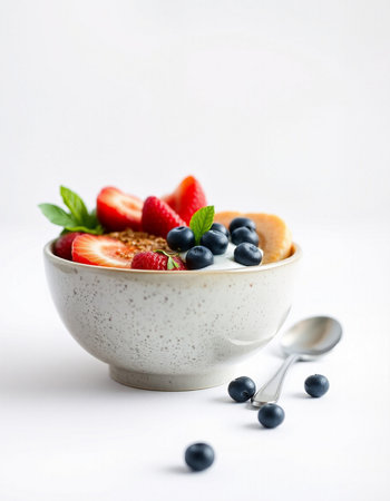 yogurt with blueberries and strawberries in a bowl on a white backgroundの写真素材
