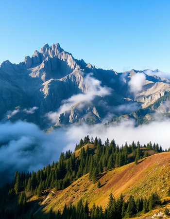 Mountain landscape in the clouds.の写真素材