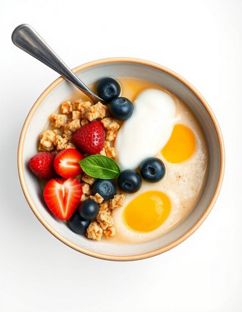 Bowl of oatmeal with fresh berries and yogurt on white backgroundの写真素材