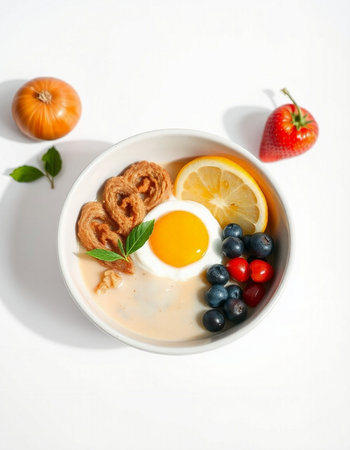Healthy breakfast. Milk porridge with egg, berries, orange and croissant on white backgroundの写真素材