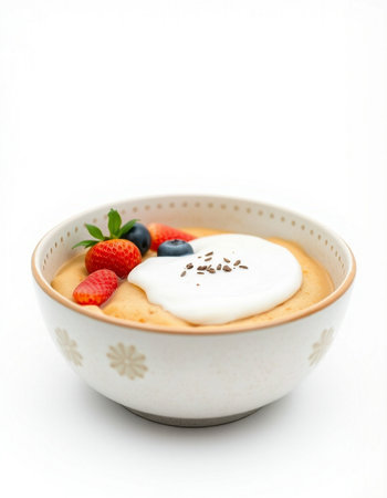 Panna cotta with cream and fresh berries on a white backgroundの写真素材