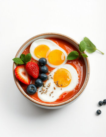 Fried eggs with strawberry and blueberry in bowl on white backgroundの写真素材