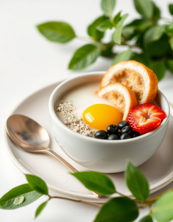 Breakfast with omelet, berries and fruits in a bowlの写真素材