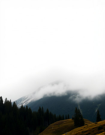Mountain landscape with fog, clouds and coniferous forest.の写真素材