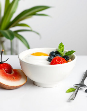 Yogurt with fresh berries in a white bowl on a white tableの写真素材