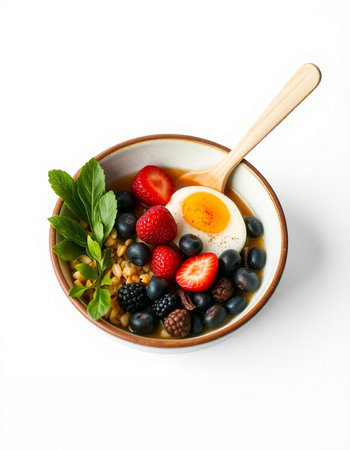 Oatmeal porridge with berries and egg isolated on white background.の写真素材