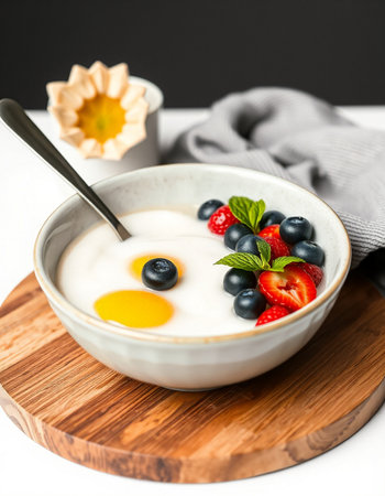Yogurt with fresh berries and egg yolk in white bowl on wooden board.の写真素材