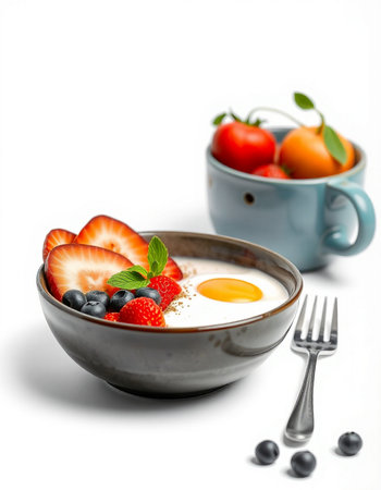 Breakfast with fried egg, strawberries and blueberries on white backgroundの写真素材