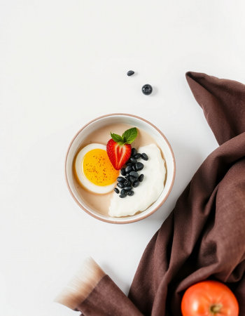Healthy breakfast. White porcelain bowl with yogurt, fresh berries, egg yolk, black sesame seeds on white background, top viewの写真素材