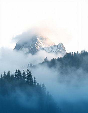 Mountain landscape with fog and conifer forest in the foreground.の写真素材