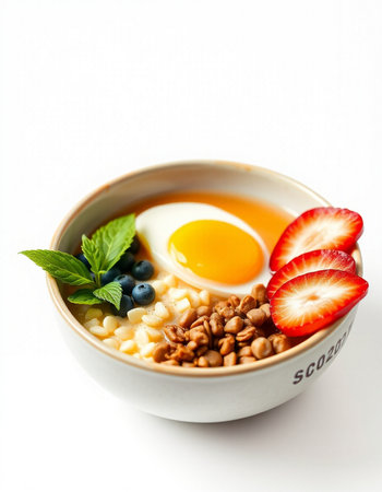 Breakfast with oatmeal, berries and fried egg on white backgroundの写真素材