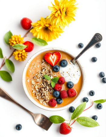 Healthy breakfast bowl with oatmeal, fresh berries and yogurt on white backgroundの写真素材
