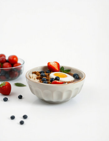 Healthy breakfast with berries and egg on white backgroundの写真素材