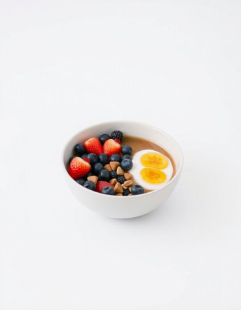 Breakfast with oatmeal, berries and eggs on a white backgroundの写真素材