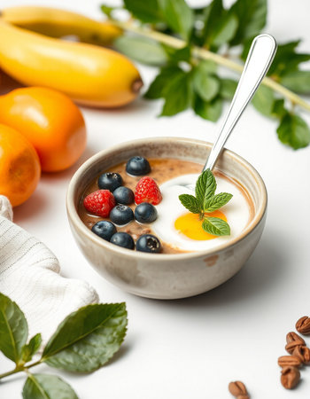 Healthy breakfast with berries and fruits on white backgroundの写真素材