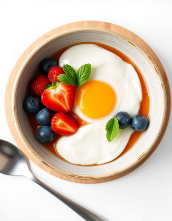 Healthy breakfast with yogurt, strawberries and blueberries in a bowlの写真素材